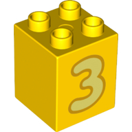 Lego Duplo Brick 2 x 2 x 2 with Bright Light Yellow '3' Print / Yellow