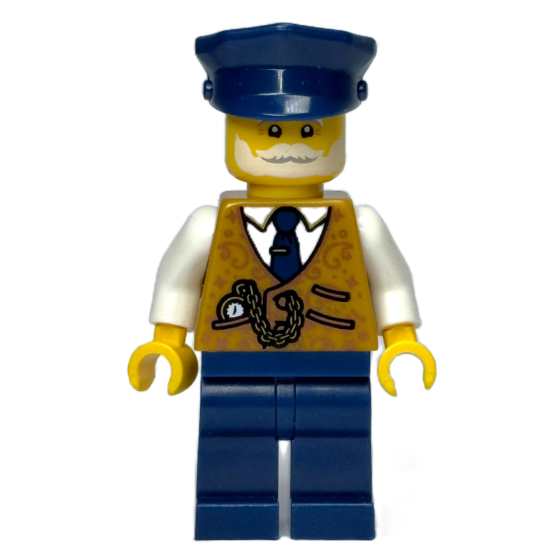 Lego Conductor, Pearl Gold Torso, Dark Blue Legs, Cap