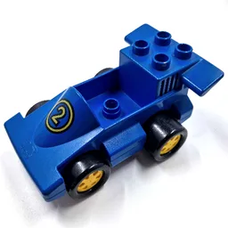 Duplo Car Formula One with One Stud in Cab, Blue Bottom and Yellow Number 2 Print / Blue