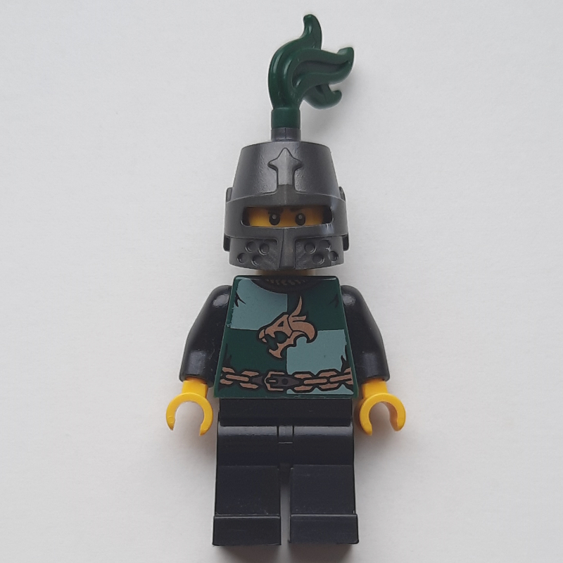 Lego Dragon Knight, Dark Green, Helmet with Dark Green Plume, Moustache and Stubble (Pearl Titanium)