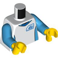 Lego Torso, White Shirt, Dark Azure Markings, Exo-Force Logo print, Dark Azure Arms, Yellow Hands / White