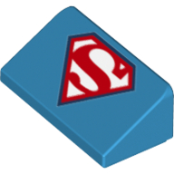 Lego Brick Sloped 30° 1 x 2 x 2/3 with Stylized Red 'S' on White Background (Superman Logo) print / Dark Azure