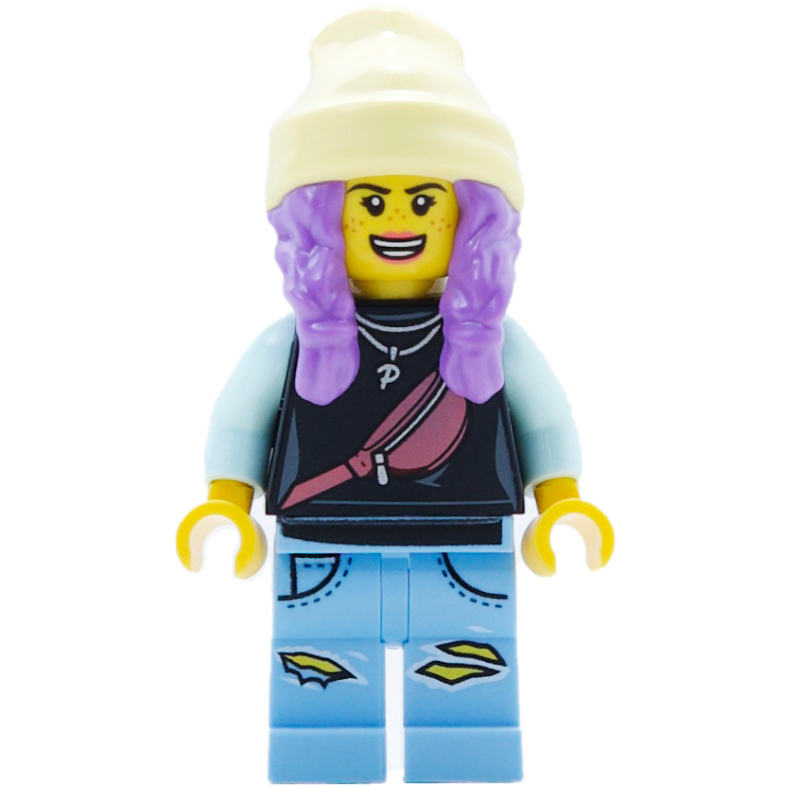 Lego Parker L. Jackson, Black Top, Bright Light Yellow Beanie Hat, Medium Lavender Hair, Scared / Open Mouth
