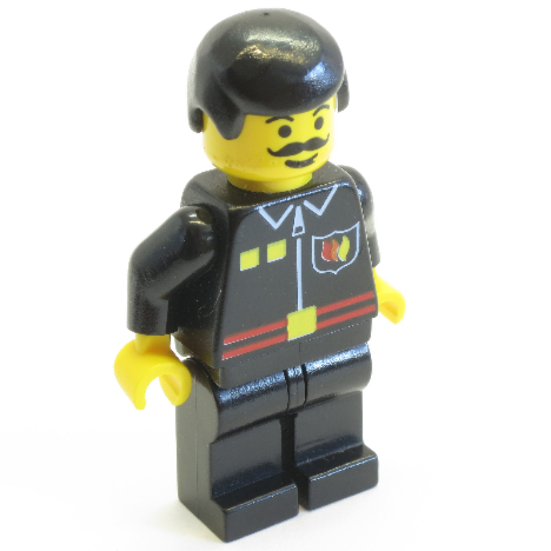 Lego Fireman, Black Fire Jacket with Red Belt and Badge, Black Hair, Moustache