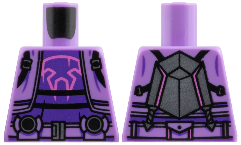 Lego Torso Jacket, Black Straps, Dark Purple Shirt, Dark Pink Cat Skull Outline, Dark Silver Belt Buckle and Panel on Back Pattern