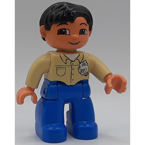 Lego Duplo Figure Side Parted Hair Black, with Blue Legs, Shirt with Rag Print, Brown Eyes, Nougat Hands / Tan