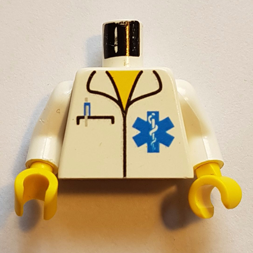 Lego Torso EMT Star of Life, Open Collar, Pocket and Pen Print, White Arms, Yellow Hands / White