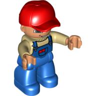 Lego Duplo Figure with Cap Red, with Tan Top under Blue Coveralls with Red Pocket Flap - Blue Legs / Tan