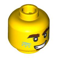 Lego Minifig Head, Thick Reddish Brown Eyebrows, Sand Blue Face Paint, Mean Smile Print / Yellow