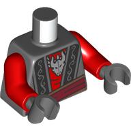Lego Torso, Red Shirt, Dark Bluish Grey Robe, Black Trim, Dark Red Sash, Silver Dragon Skull Pendant print, Red Arms, Dark Bluish Gray Hands / Dark Bluish Gray