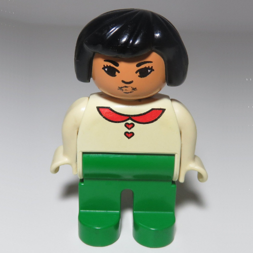 Lego Duplo Figure, Early, Hair Bob Black, Green Legs, Blouse with Red Heart Buttons & Collar, Lips Print (Asian) / White