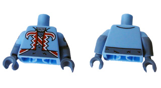 Lego Torso Vest with Red and White Trim over Sand Blue Hairy Chest Pattern / Sand Blue Arms with Bright Lt Blue Short Sleeves, Red Trim / Sand Blue Hands