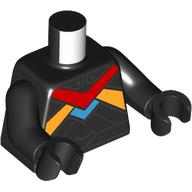 Lego Torso, Racing Suit, Red/Bright Light Orange/Medium Azure Stripes print, Black Arms and Hands / Black
