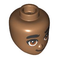 Lego Minidoll Head Thick Black Eyebrows, Reddish Brown Eyes, Smile print / Medium Nougat