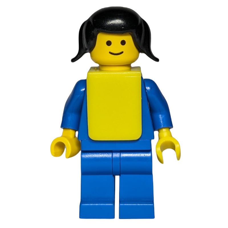 Lego Female, Plain Blue Torso and Legs, Black Pigtails Hair, Yellow Bib