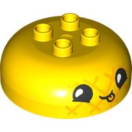 Lego Duplo Brick Round 4 x 4 Dome Top with 2 x 2 Studs with Black Face, Sticking Out Tonque print / Yellow