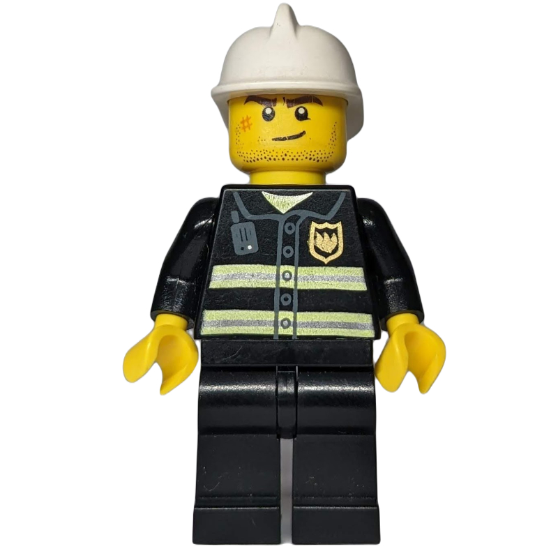 Lego Fireman, Black Fire Jacket with Badge, White Helmet, Stubble and Scar