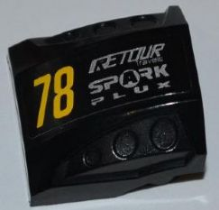 Lego Slope, Curved 2 x 2 with Debossed Side Ports with Yellow '78', Silver 'RETOUR Travels' and 'SPARK PLUX' Pattern Model Left Side (Sticker) - Set 8126