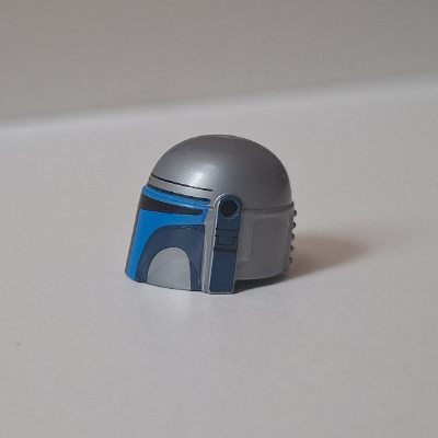 Lego Helmet Mandalorian with Holes, Blue and Dark Blue Print and Black Print on the Left-hand Side / Flat Silver