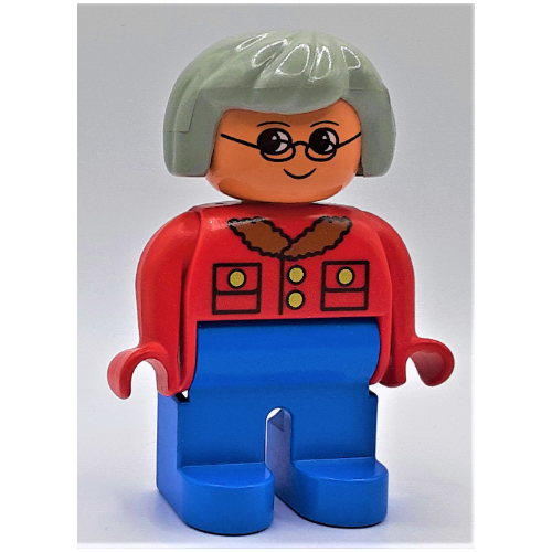 Lego Duplo Figure, Early, Hair Bob Light Gray, Blue Legs, Jacket with Pockets and Collar, Glasses Print / Red