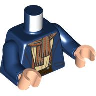 Lego Torso, Jacket, Tan Shirt, Straps, Nougat/Dark Tan Scarf print, Dark Blue Arms, Light Nougat Hands / Dark Blue