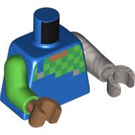 Lego Torso, Odd Arms and Hands, Pixelated Checkered Green/Bright Green Shirt, Blue Overall print, Left Flat Silver Arm and Hand, Right Bright Green Arm and Medium Nougat Hand / Blue