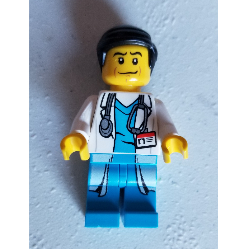 Lego Doctor, White Lab Coat over Dark Azure Scrubs with ID Badge and Stethoscope, Black Hair