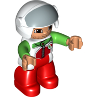 Lego Duplo Figure with Helmet with Open Visor, White Helmet, Red Legs, Race Top with Octan Logo, and Bright Green Arms / White