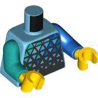 Lego Torso, Black Triangles print, Odd Arms, Left Blue Arm, Right Dark Turquoise Arm, Yellow Hands / Medium Azure