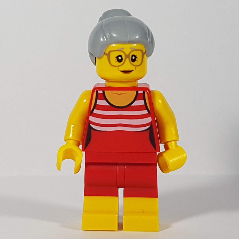 Lego Woman, Red and White Swimsuit, Light Bluish Gray Hair, Glasses