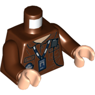 Lego Torso Shirt with Pockets, Radio, ID Badge on Lanyard, and Jurassic World Logo Print, Reddish Brown Arms, Light Nougat Hands / Reddish Brown