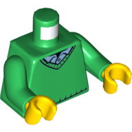 Lego Torso Sweater, V-Necked with Trim, Medium Black Shirt, Yellow Neck Print, Green Arms, Yellow Hands / Green