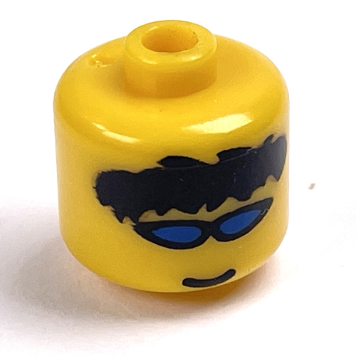 Lego Pen Bead, Round Large, Curved Edges / Cylinder with Minifig Head with Sunglasses, Black Hair Print / Yellow