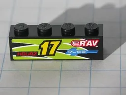 Brick 1 x 4 with Yellow '17' and Red 'HOURZ' and 'eRAV' and 'RUSA' and Black and Lime Flames Pattern Model Right side (Sticker) - Set 8119