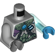 Lego Torso, Odd Arms and Hands, Armor, Chains and Blue Chi Print, Left Trans-Light Blue Arm and Dark Azure Hand, Right Light Bluish Gray Arm and Dark Bluish Gray Hand / Light Bluish Gray