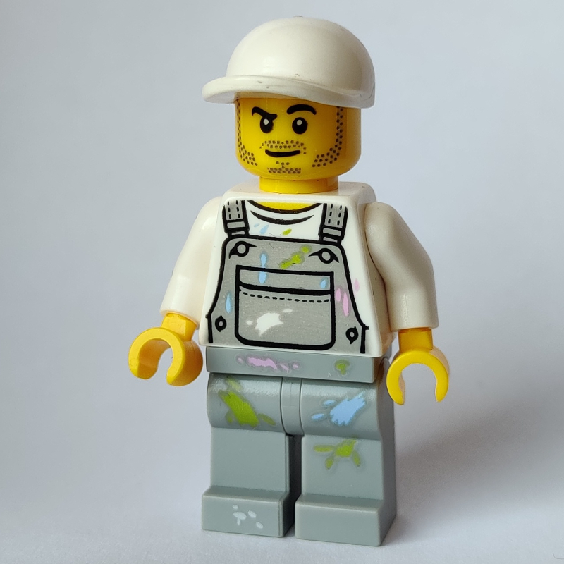 Lego Man, Light Bluish Gray Overalls with Paint Stains, White Cap, Stubble