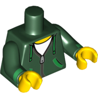 Lego Torso Hoodie with Silver Zipper and Green Ties and Pockets over White Shirt Print, Dark Green Arms with Green Cuffs Print, Yellow Hands / Dark Green