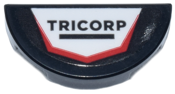Lego Tile, Round 1 x 2 Half with 'TRICORP' and White and Red Polygon Logo Pattern (Sticker) - Set 77250