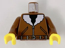 Torso Aviator Bomber Jacket with Pockets, Dark Gray Zipper and White Fur Collar over Black Shirt, Belt with Buckle Pattern / Brown Arms / Yellow Hands