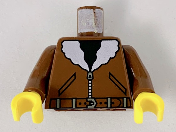 Lego Torso Aviator Bomber Jacket with Pockets, Dark Gray Zipper and White Fur Collar over Black Shirt, Belt with Buckle Pattern / Brown Arms / Yellow Hands