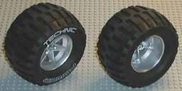Wheel 62mm D. x 46mm Technic Racing Large, with Black Tire Technic Power Puller with 'TECHNIC POWER' White Pattern (22969 / 32298pb01) / Metallic Silver