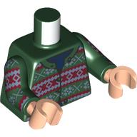 Lego Torso, Sweater, Dark Red/White Decorations print, Dark Green Arms, Light Nougat Hands / Dark Green