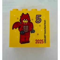 Brick 2 x 4 x 3 with 'LEGOLAND Deutschland Resort 5 2025', (Besuchsmeister Bronze) Print / Yellow