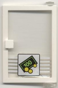 Lego Door 1 x 4 x 5 Right with Trans-Clear Glass and Bill & Coins Pattern (Sticker) - Set 1490