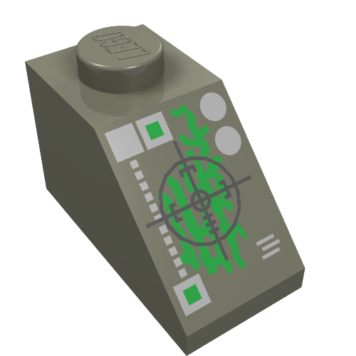 Lego Brick Sloped 45° 2 x 1 with Bottom pin, with Black Crosshairs and Green Insectoid Print / Dark Gray