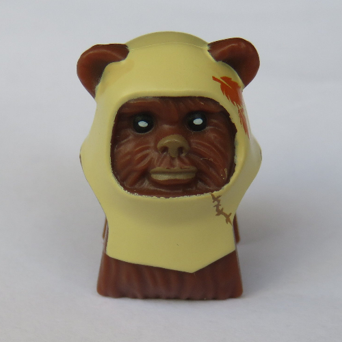 Lego Minifig Head Special, Ewok with Tan Hood with Dark Orange Feathers Print (Paploo) / Reddish Brown