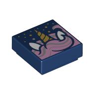 Lego Tile 1 x 1 with Metallic Bright Pink Unicorn Manes, Horn, Gold Stars print / Dark Blue