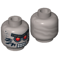 Lego Minifig Head Sheriff Not-a-robot, Red Eyes, Metal Eyebrows with Rivets, 8 Mouth Squares, Stubble and Black Markings Print [Hollow Stud] / Flat Silver