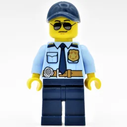 Policeman, Bright Light Blue Shirt with Dark Blue Tie, Badge, and Radio on Belt, Dark Blue Cap, Sunglasses