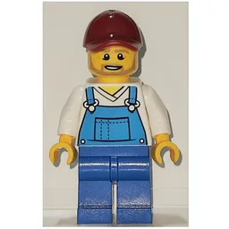 Man, Blue Overalls over White V-Neck Shirt, Dark Red Cap, Beard